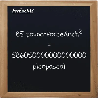 85 pound-force/inch<sup>2</sup> is equivalent to 586050000000000000 picopascal (85 lbf/in<sup>2</sup> is equivalent to 586050000000000000 pPa)